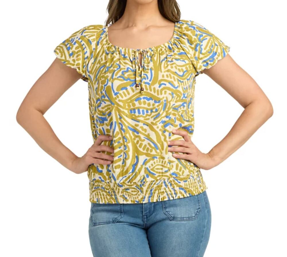 BCX Juniors' Printed Bubble-Sleeve Smocked-Hem Peasant Top S